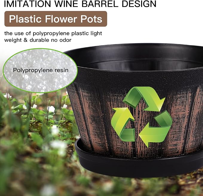 Quarut 3 Pack 10 inch Plant Pots,Whiskey Barrel Planters with Drainage Holes & Saucer, Plastic Decoration Flower Pots Imitation Wine Barrel Design, for Indoor & Outdoor Garden Home Plants (Brown)