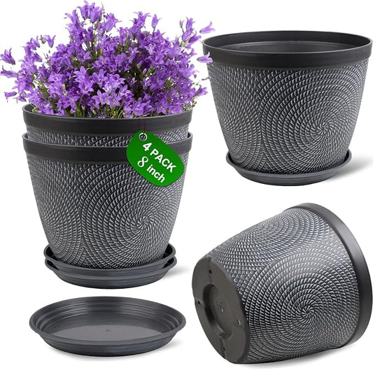 Quarut 4 Pack 8 Inch Flower Pots,Plastic Plant Pots with Drainage Hole&Tray