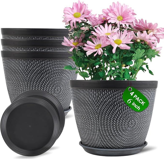 Quarut 4 Pack 6 Inch Flower Pots,Plastic Plant Pots with Drainage Hole&Tray