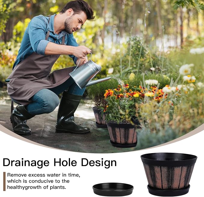 Quarut 3 Pack 10 inch Plant Pots,Whiskey Barrel Planters with Drainage Holes & Saucer, Plastic Decoration Flower Pots Imitation Wine Barrel Design, for Indoor & Outdoor Garden Home Plants (Brown)